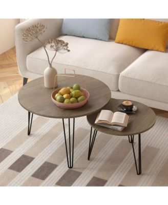 27.56'' Round Nesting Coffee Table Set of 2, Circular Nesting End Table Set, Round Wooden Tabletop, and Sturdy Metal Base, Brown