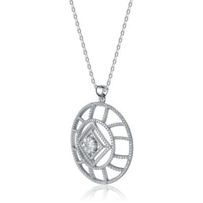 White Gold Plated with Clear Cubic Zirconia Geometric Halo Pendant Necklace