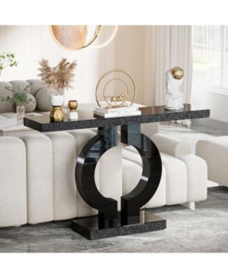 43-Inch Mirrored Console Table with O-Shaped Base, Modern Entryway Table Glass Sofa Table with Mirror Finish, Rectangle Narrow Accent Foyer Table for Living Room Hallway Entrance (Black)