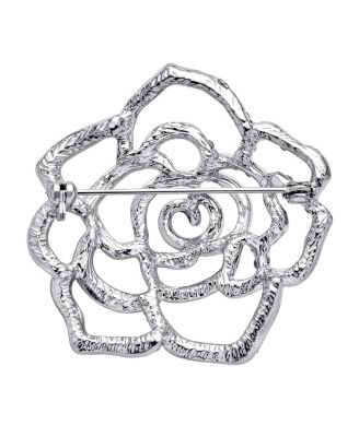 Sparkling Rose Flower Brooch Pin with Crystals Silver Tone Rhodium Plated