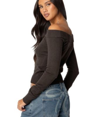 Womens Tj Off Shoulder Knit Bow Top