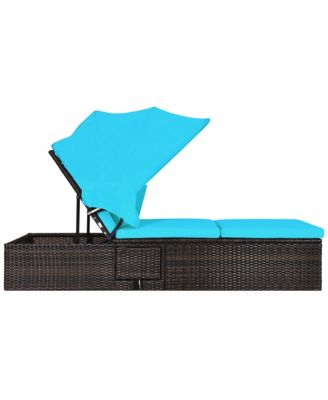 2PCS Patio Rattan Lounge Chair Chaise Cushioned Top Canopy Adjustable
