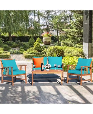 8PCS Wooden Patio Furniture Set Table Sofa Chair Cushioned Garden