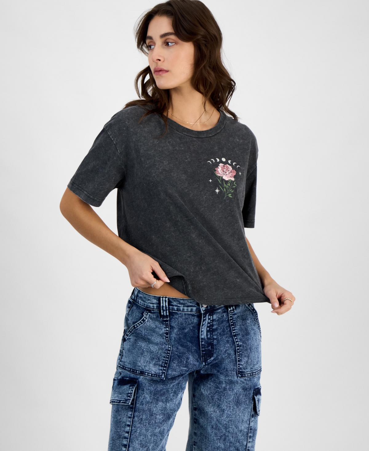 Juniors' Celestial Rose Mineral Wash Graphic T-Shirt - Black Mineral Wash
