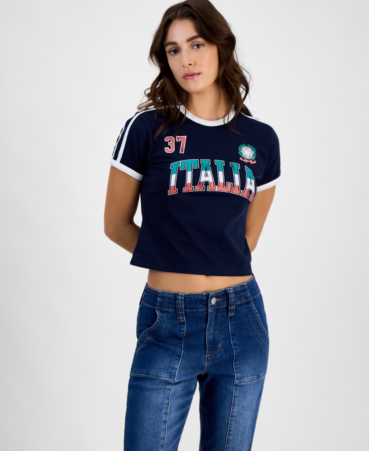 Juniors' Italia Ringer T-Shirt - Navy Blazer
