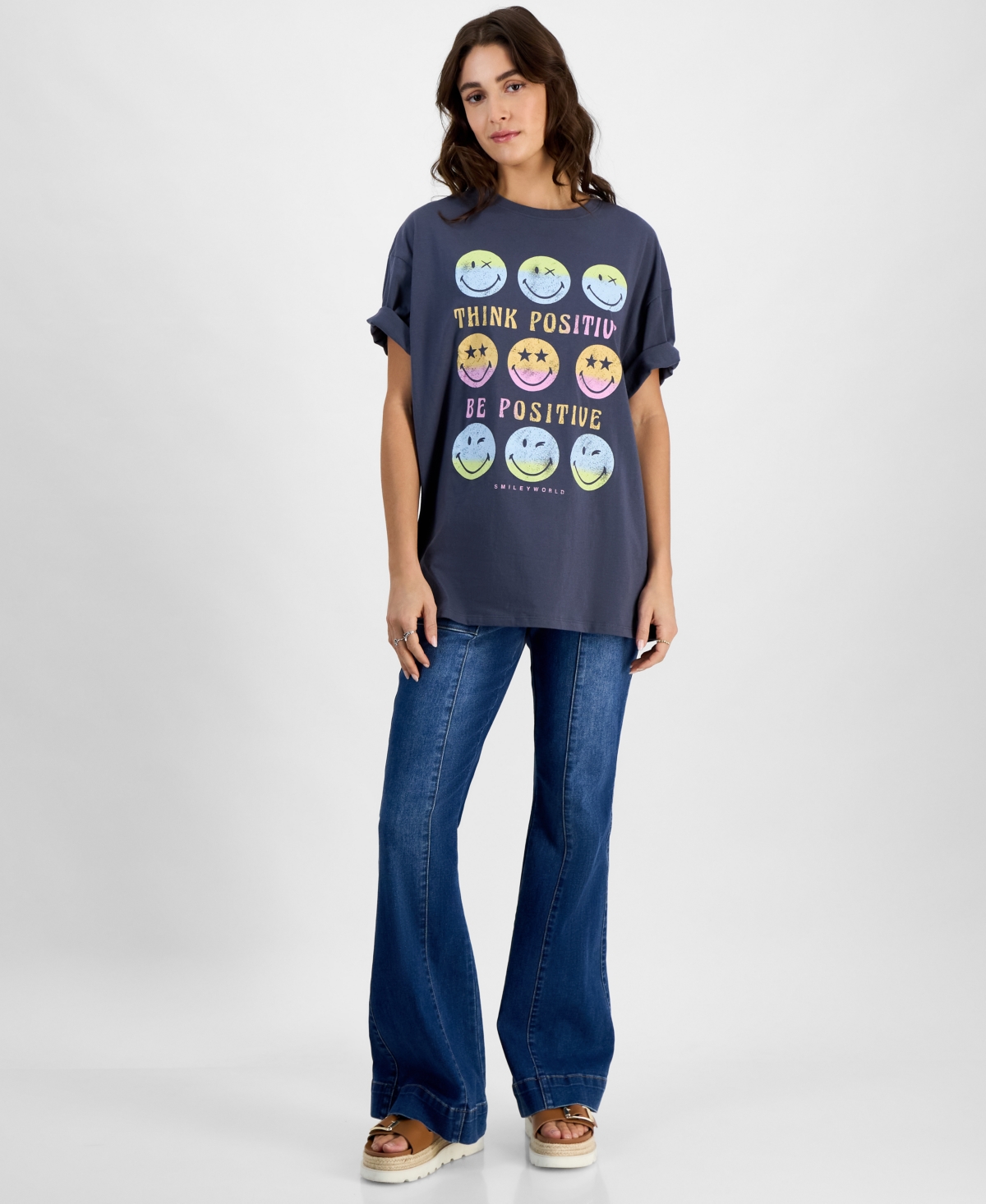 Grayson Threads, The Label Juniors' Smiley World Grid T-shirt In Turbulence