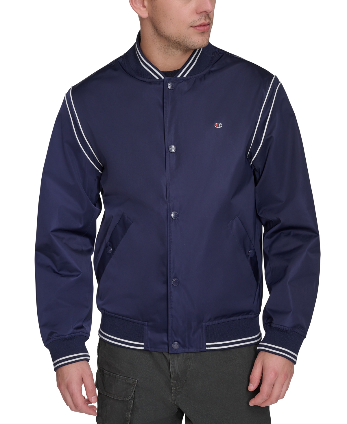Champion Men's Varsity Stripe Bomber Jacket In Blue