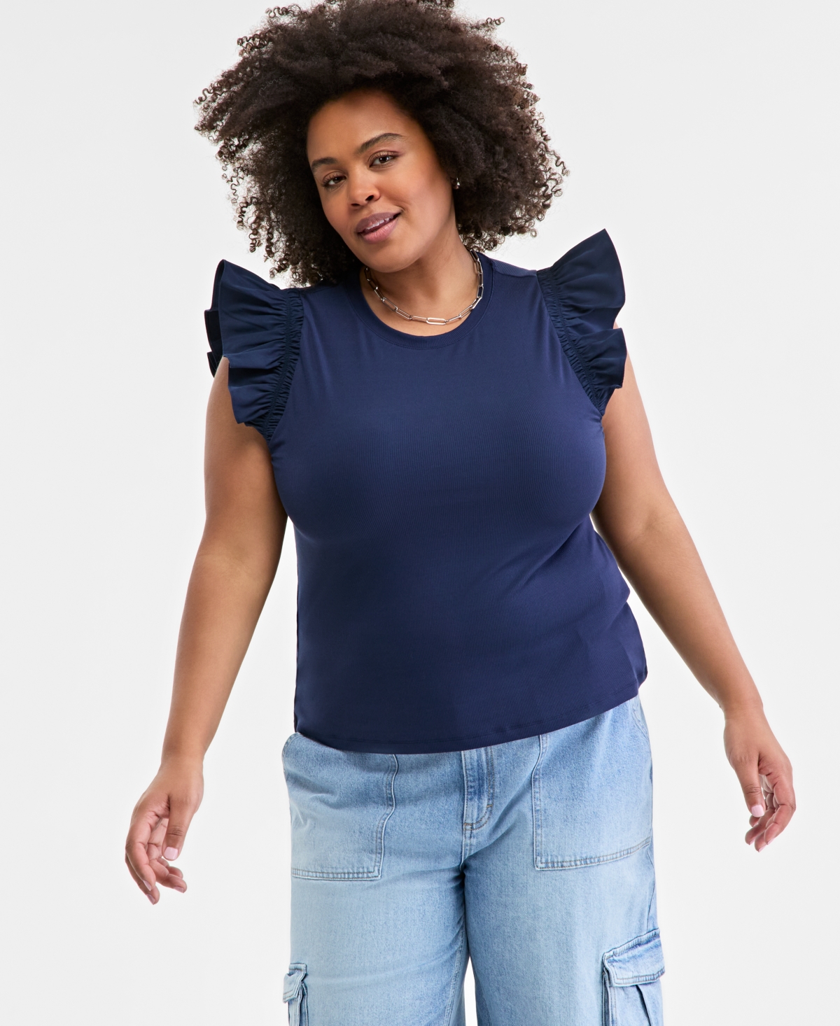 On 34th Trendy Plus Size Crewneck Flutter-sleeve Top, Created For Macy's In Intrepid B