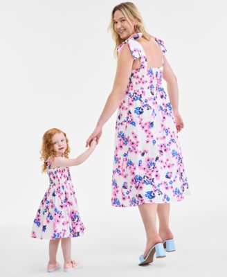 On 34th Little & Big Girls Mommy & Me Woven Cotton Sketched Bouquet-print Tie-strap Smocked Dress, Exclusive In Washed White