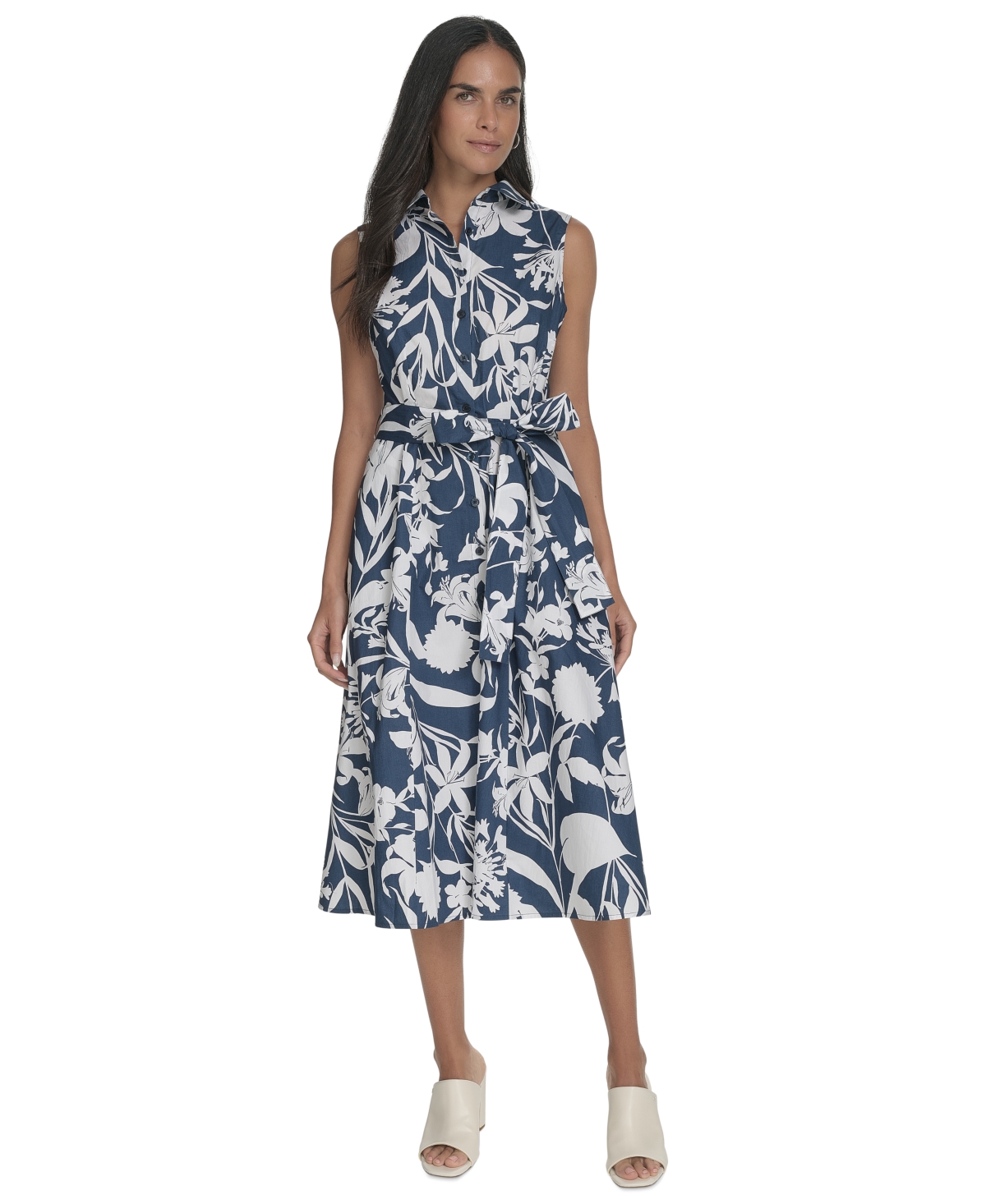 Calvin Klein Floral Sleeveless Cotton Shirtdress In Indigo Multi