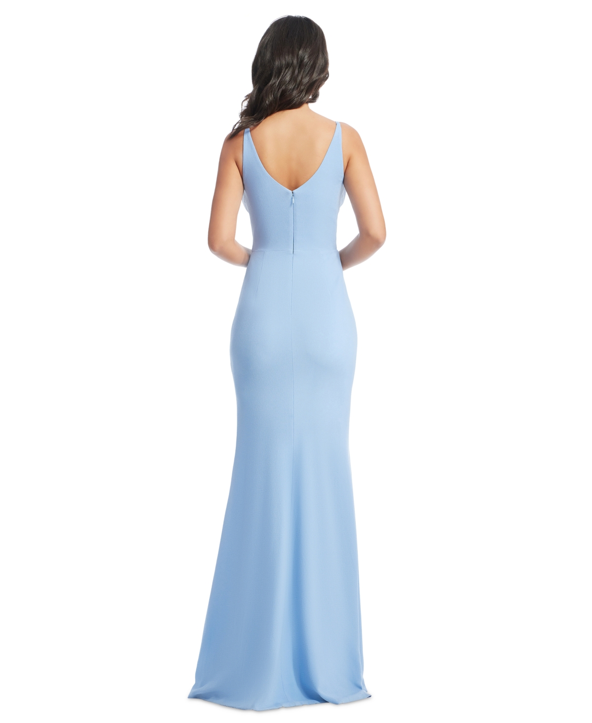 DRESS THE POPULATION WOMEN'S JORDAN V-NECK ASYMMETRICAL RUCHED BODYCON MAXI DRESS 