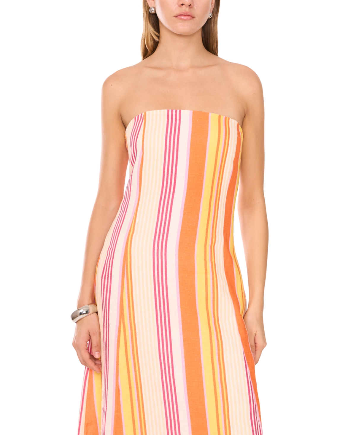 1.state Stripe Strapless Linen Blend Maxi Dress In Peach Cream
