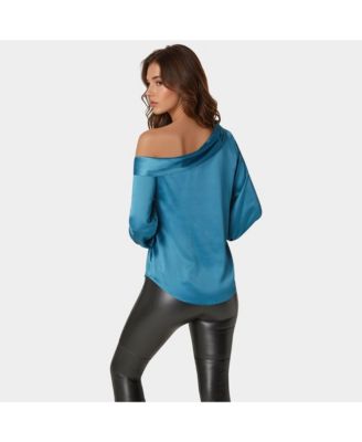 Women's Asymmetrical Long Sleeve Slit Detail Satin Blouse