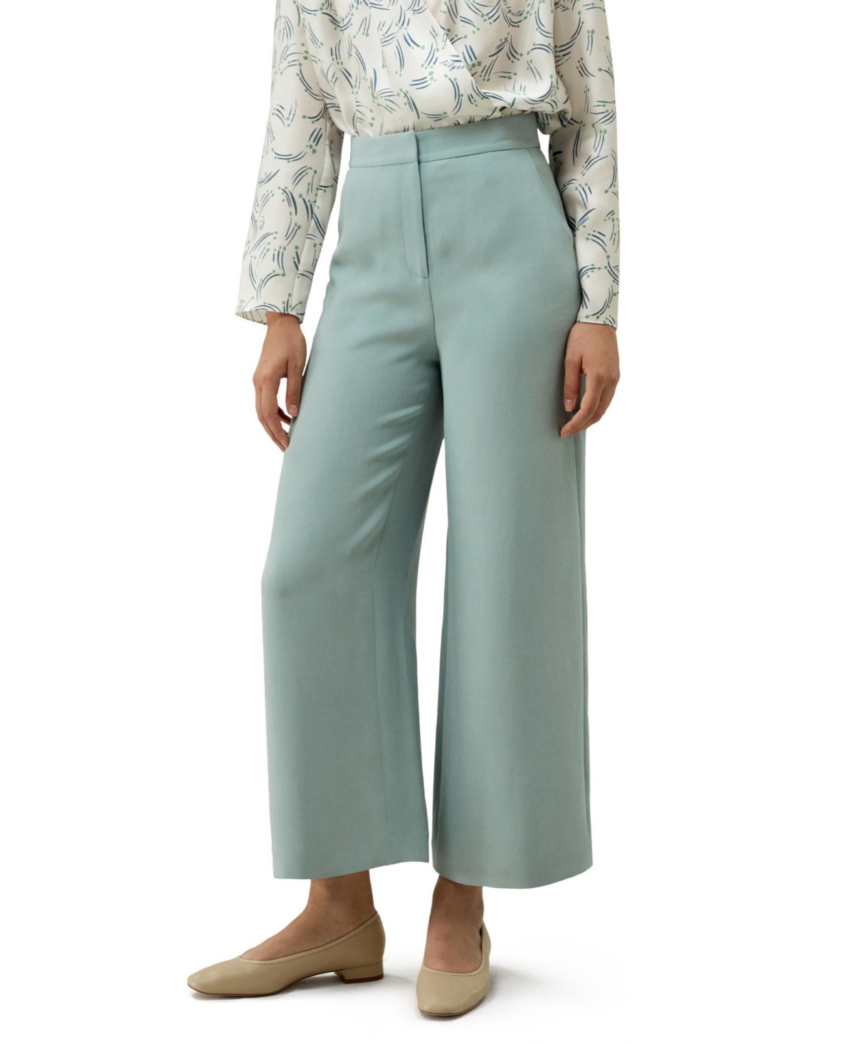 Women's Silk Wide Leg Tailored Pant with Mid Rise - Royal blue