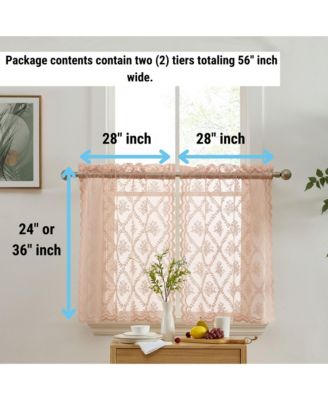 Isabella Floral Rod Pocket Lace Semi Sheer Voile Short Cafe Tiers for Small Windows - 28 x 24 Inch Length (Blush Pink Tiers, Set of 2)