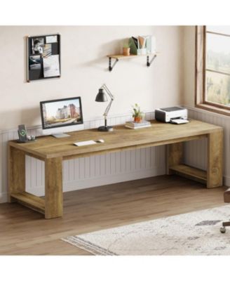 2 Person Desk, 86.6 Inches Extra Long Desk, Double Computer Writing Table, All Wood Large Desks Workstation for Home Office, Natural Oak