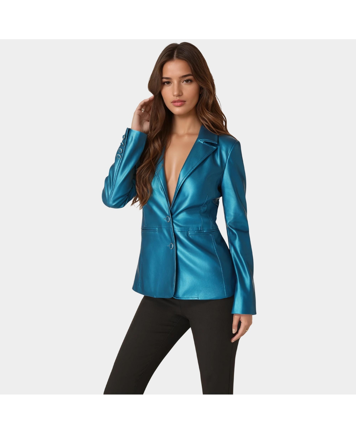 Women's Tailored Metallic Faux Leather Blazer - Deep lagoon