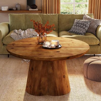Solid Wood Coffee Table, 31.5-Inch Farmhouse Round Center Tea Table with Robust Base