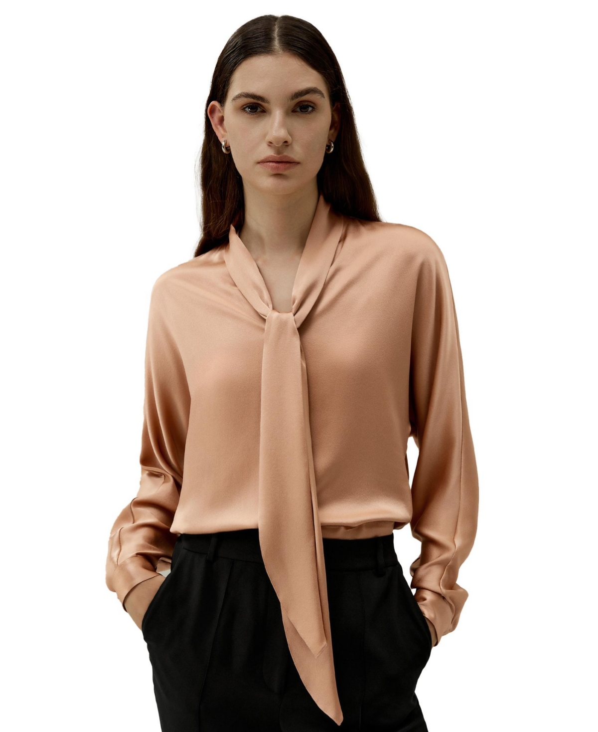 Women's Bat Sleeve Silk Top with Adjustable Neck Tie - Quartz rose