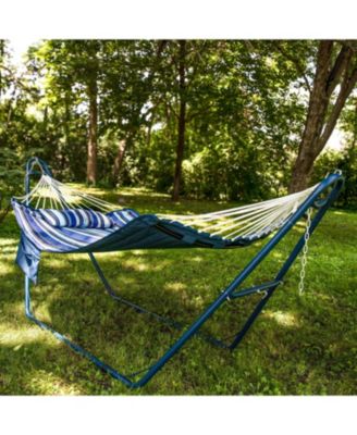 Outdoor Quilted Double Hammock with Pillow and Curved Metal Spreader Bars