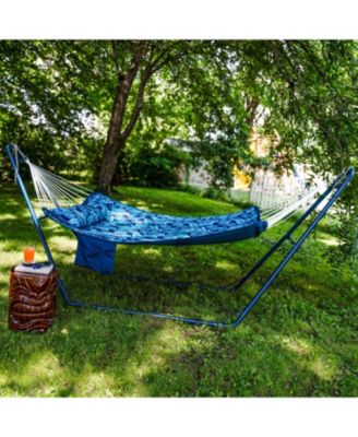 Outdoor Quilted Double Hammock with Pillow and Curved Metal Spreader Bars