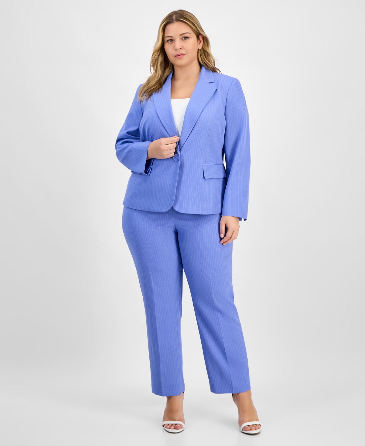 Shop Le Suit Plus Size Pinstriped Notch-collar One-button Jacket & Straight-leg Mid-rise Pants In Periwinkle,white