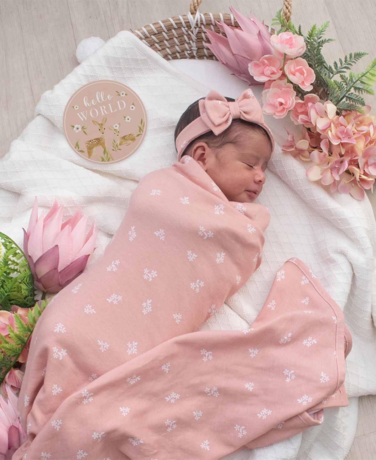 Living Textiles Baby Girls 3-piece Dusty Rose Print Hello World Gift Set In Multicolor