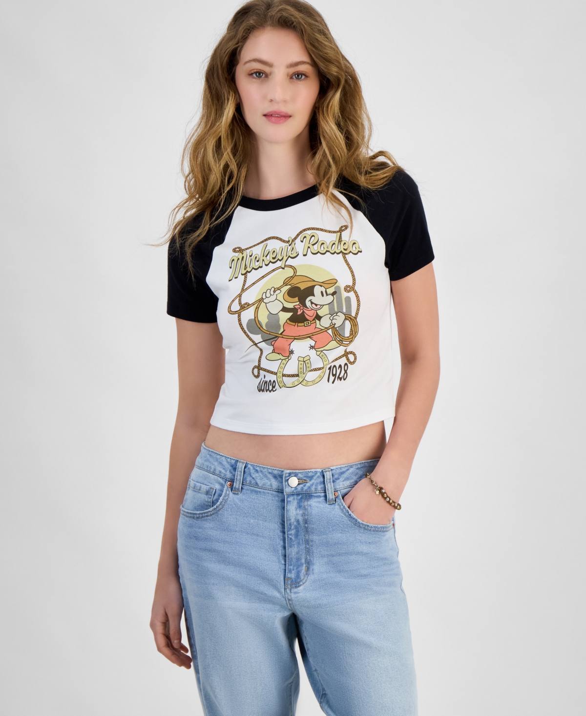 Juniors' Western Mickey Raglan-Sleeve T-Shirt - White/Black