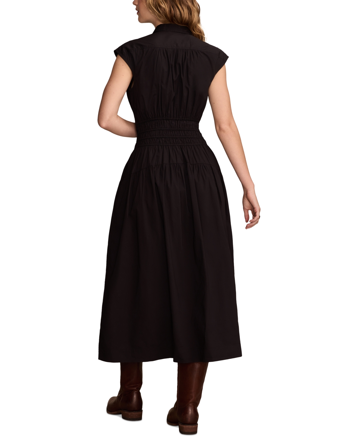 LUCKY BRAND WOMEN'S SOLID SMOCKED DROPPED-WAIST MIDI DRESS 