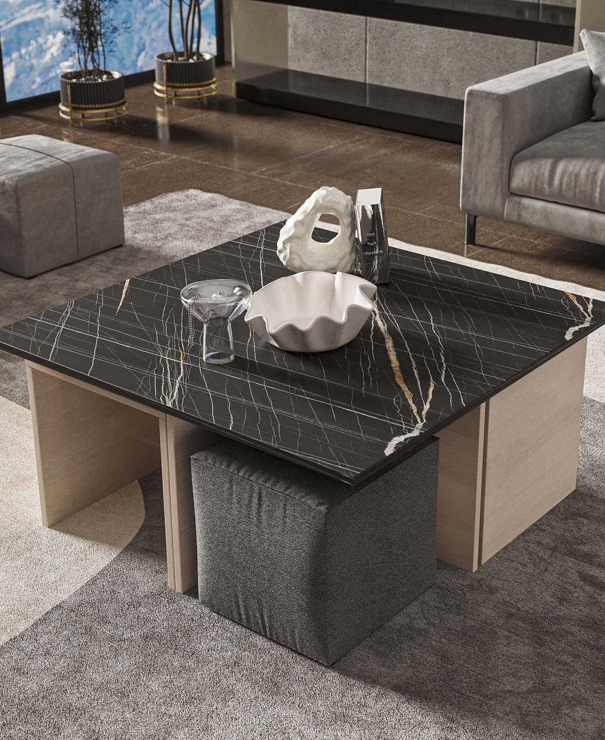Manhattan Comfort 37.4" Haley Modern Nested Coffee Table And Ottoman Set In White,black