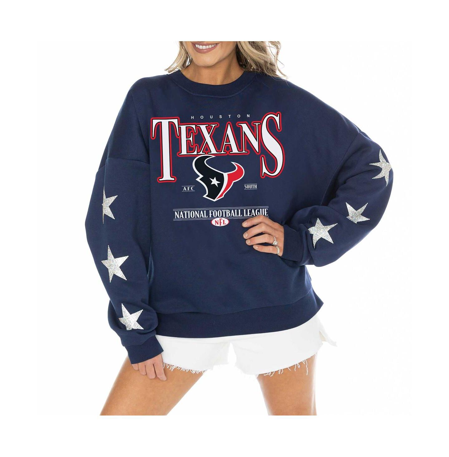 Женский свитер Gameday Couture Navy Houston Texans Rhinestone Star Sleeve Settle the Score Tri-Blend Pullover — фото 4
