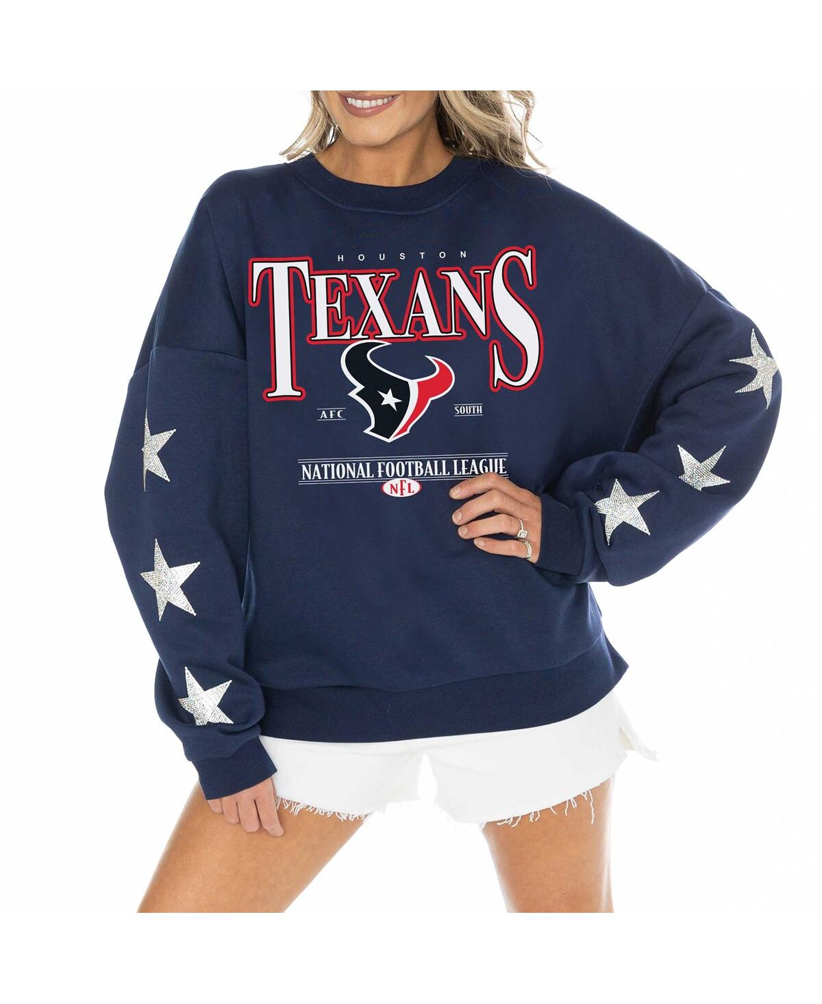 Shop Gameday Couture Women's Navy Houston Texans Rhinestone Star Sleeve Settle The Score Tri-blend Pullover