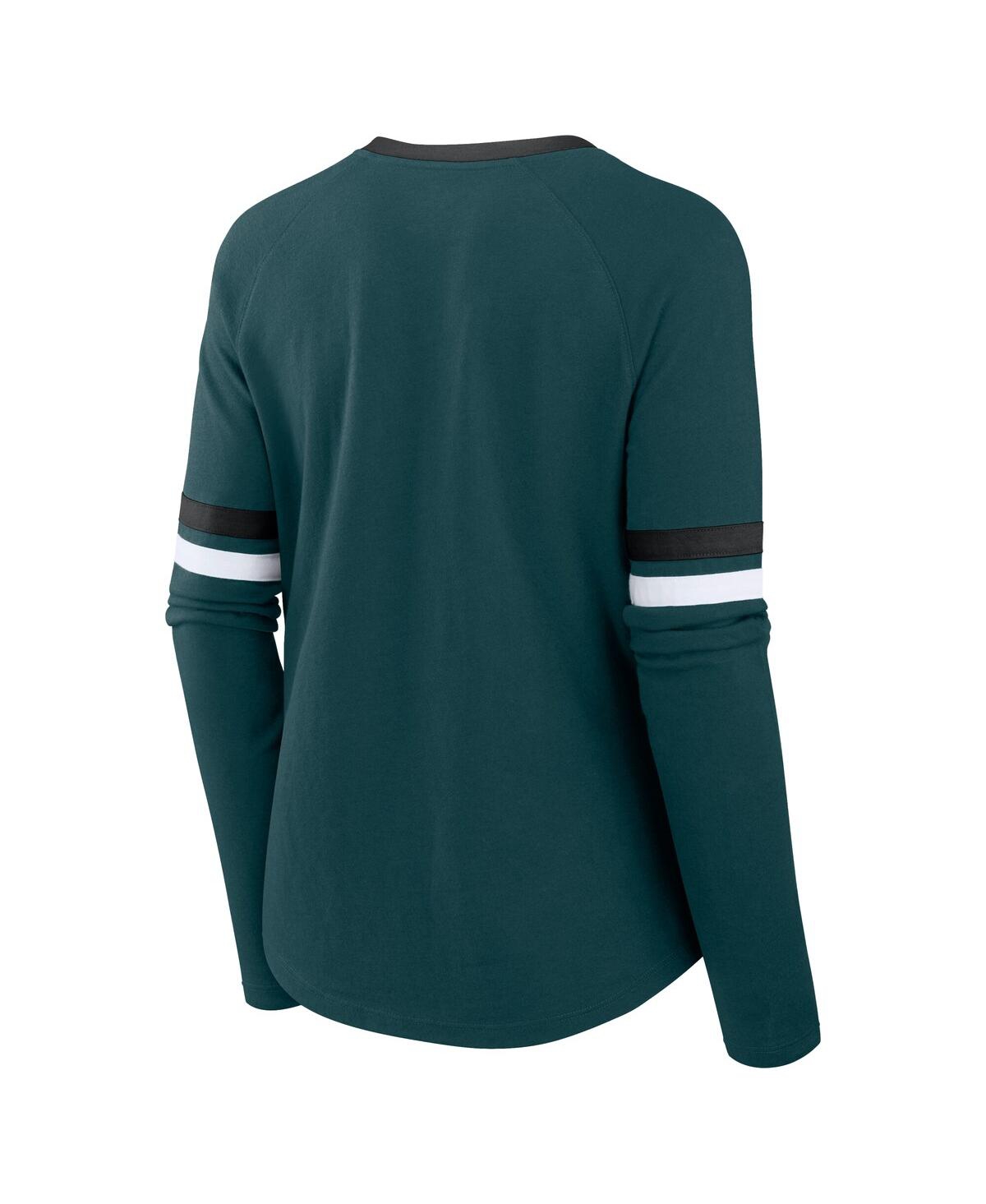 FANATICS WOMEN'S GREEN PHILADELPHIA EAGLES PLUS SIZE WON DONE LACE-UP V-NECK LONG SLEEVE T-SHIRT 