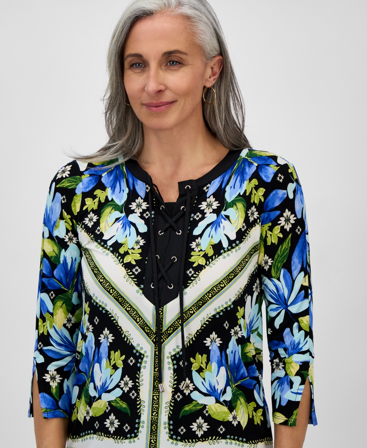 Macy's Jm Collection Petite Printed Lace-up 3/4-sleeve Top, Exclusively At  In Deep Black