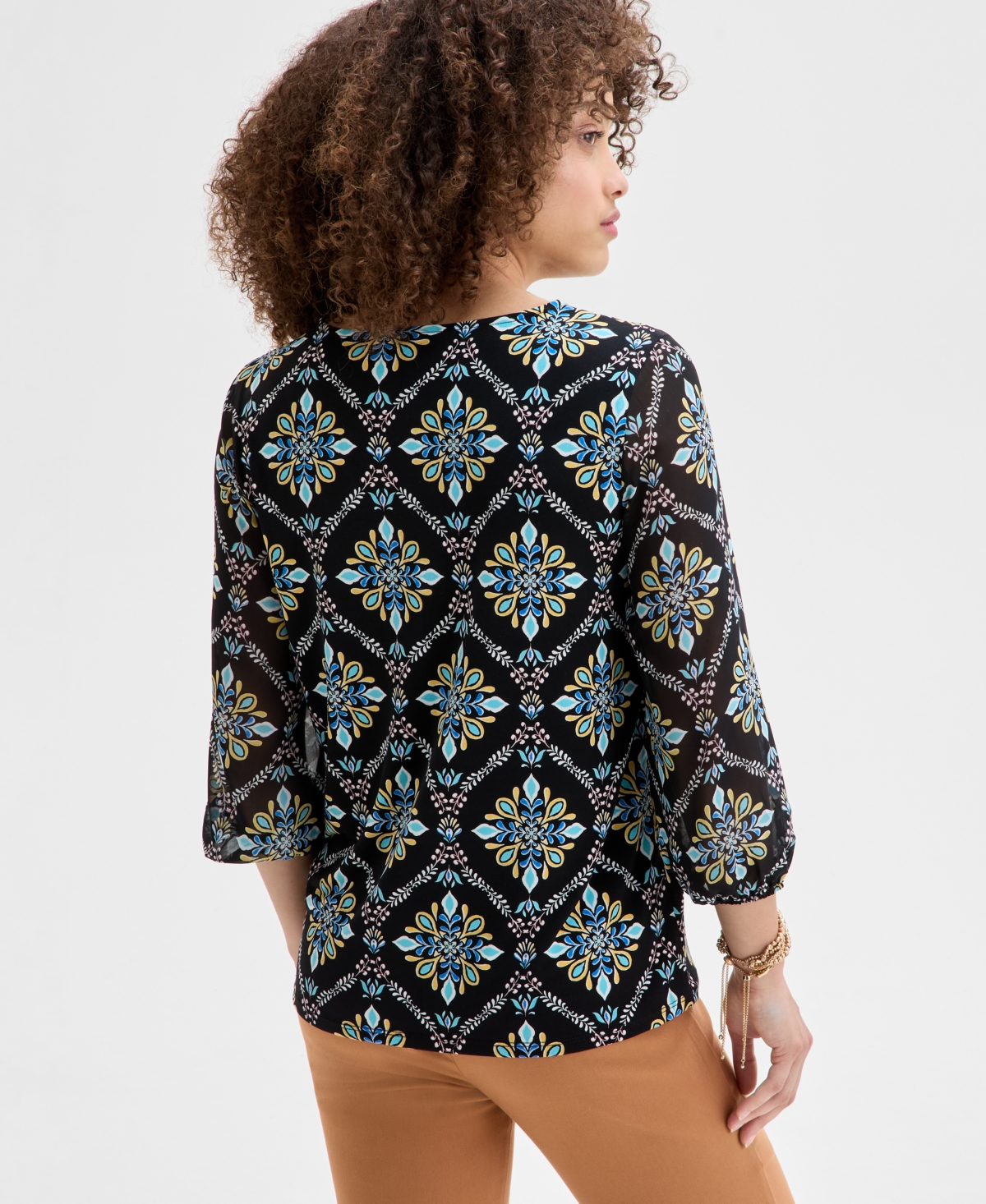 JM COLLECTION PETITE ARTISAN MEDALLION-PRINT EMBELLISHED TOP, EXCLUSIVELY AT MACY'S 