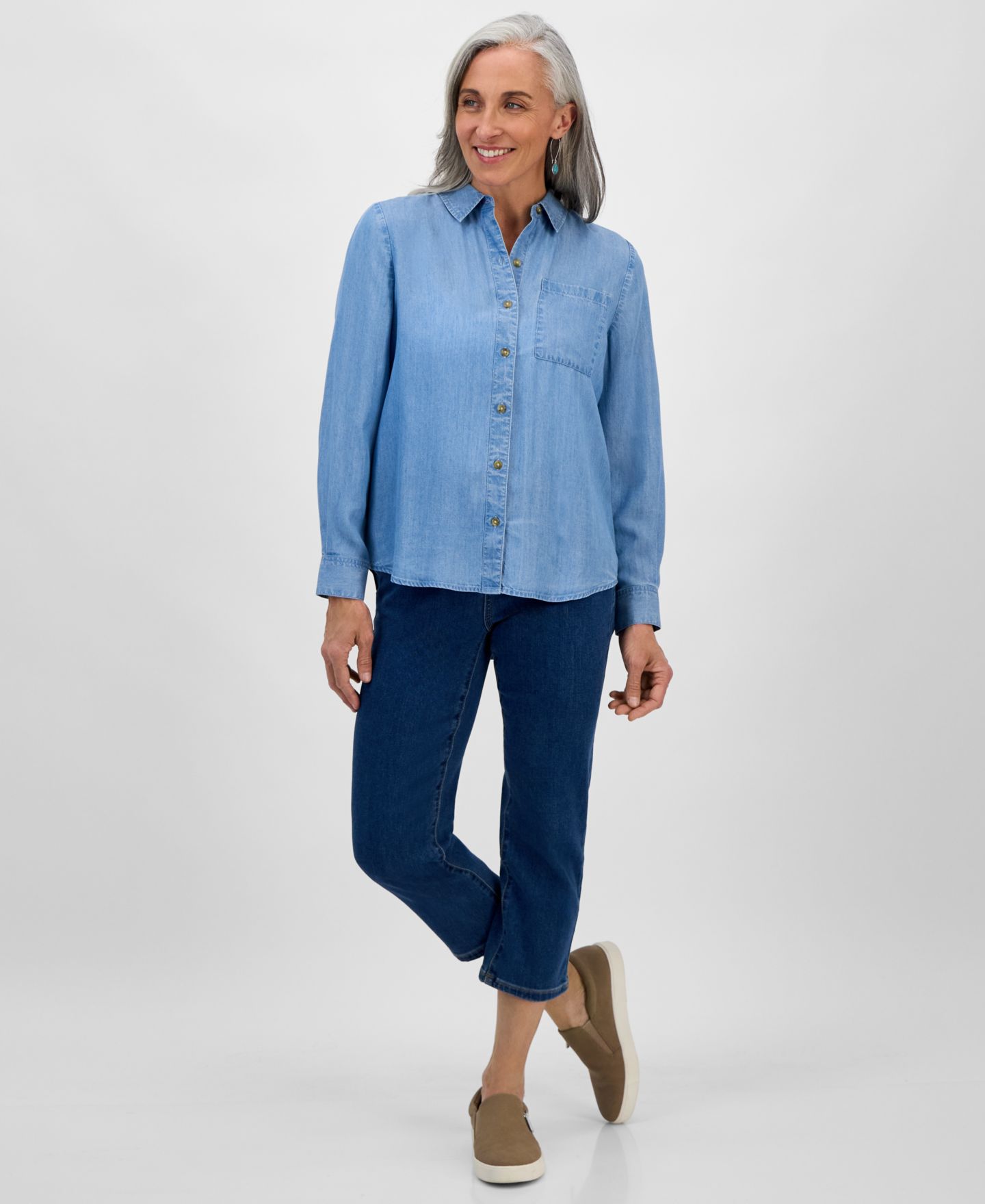Женская рубашка Style & Co Petite Chambray Button-Down Perfect, цвет: Варёный — фото 3