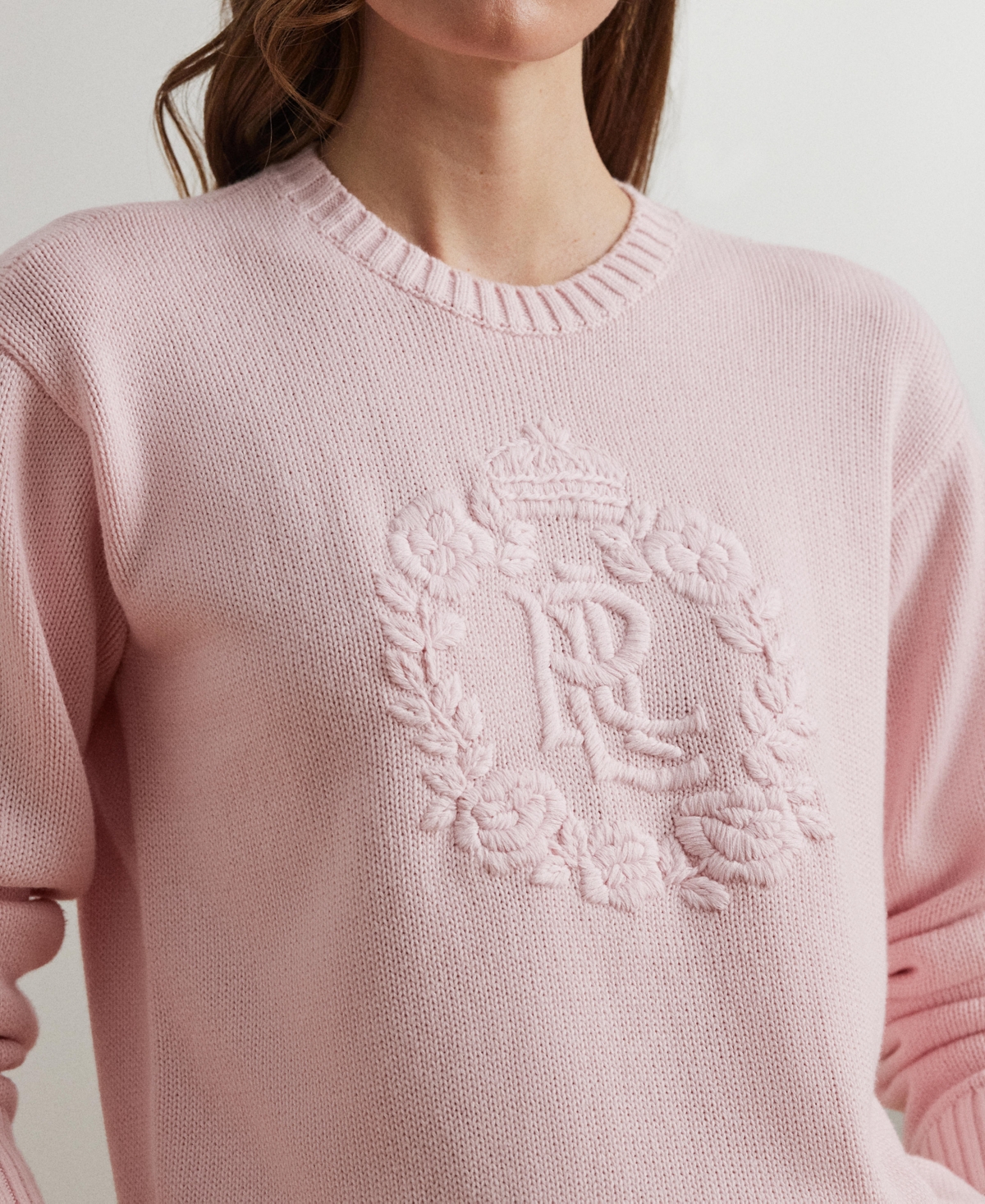Shop Ralph Lauren Women's Floral-logo Combed Cotton Sweater, Regular & Petite In Hint Of Pink