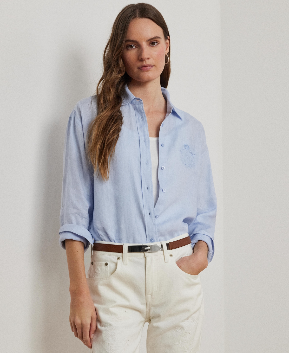 Women's Oversize Floral-Logo 100% Linen Shirt - Pale Blue