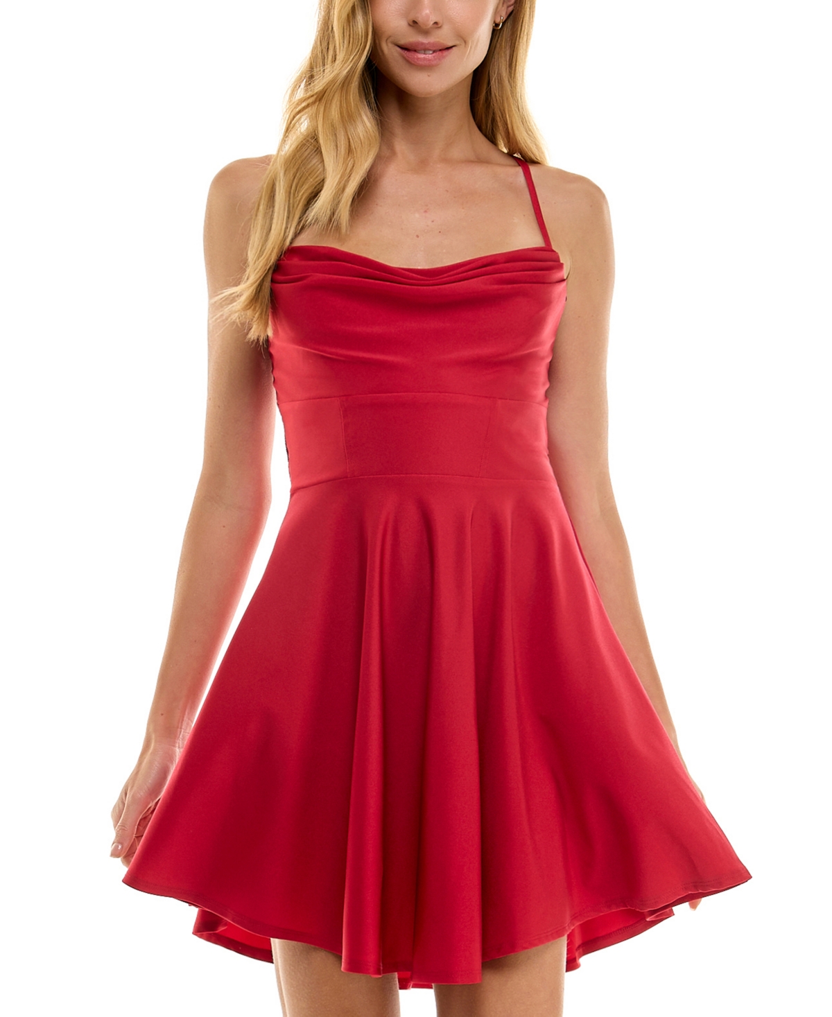 CITY STUDIOS JUNIORS' DRAPED SLEEVELESS SATIN FIT & FLARE DRESS 