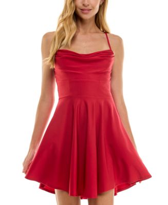 City Studios Juniors' Draped Sleeveless Satin Fit & Flare Dress - Scarlet - Size 5/6