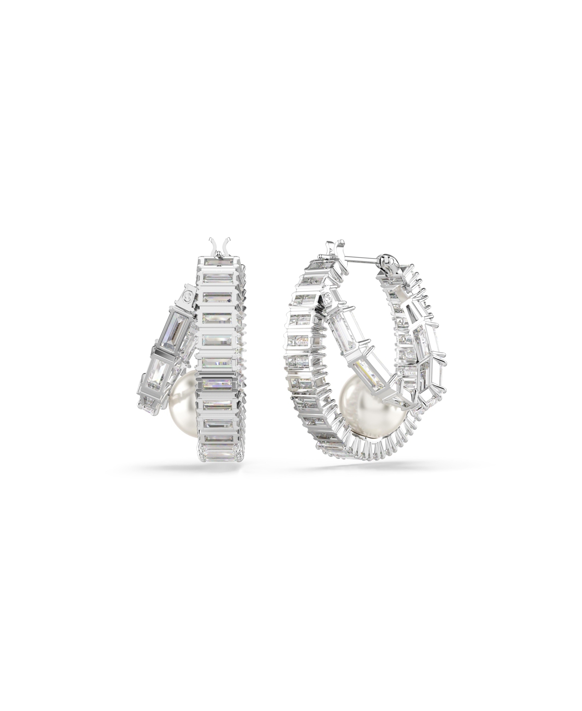 Swarovski Baguette Cut White Rhodium Plated Hoop Earrings In White