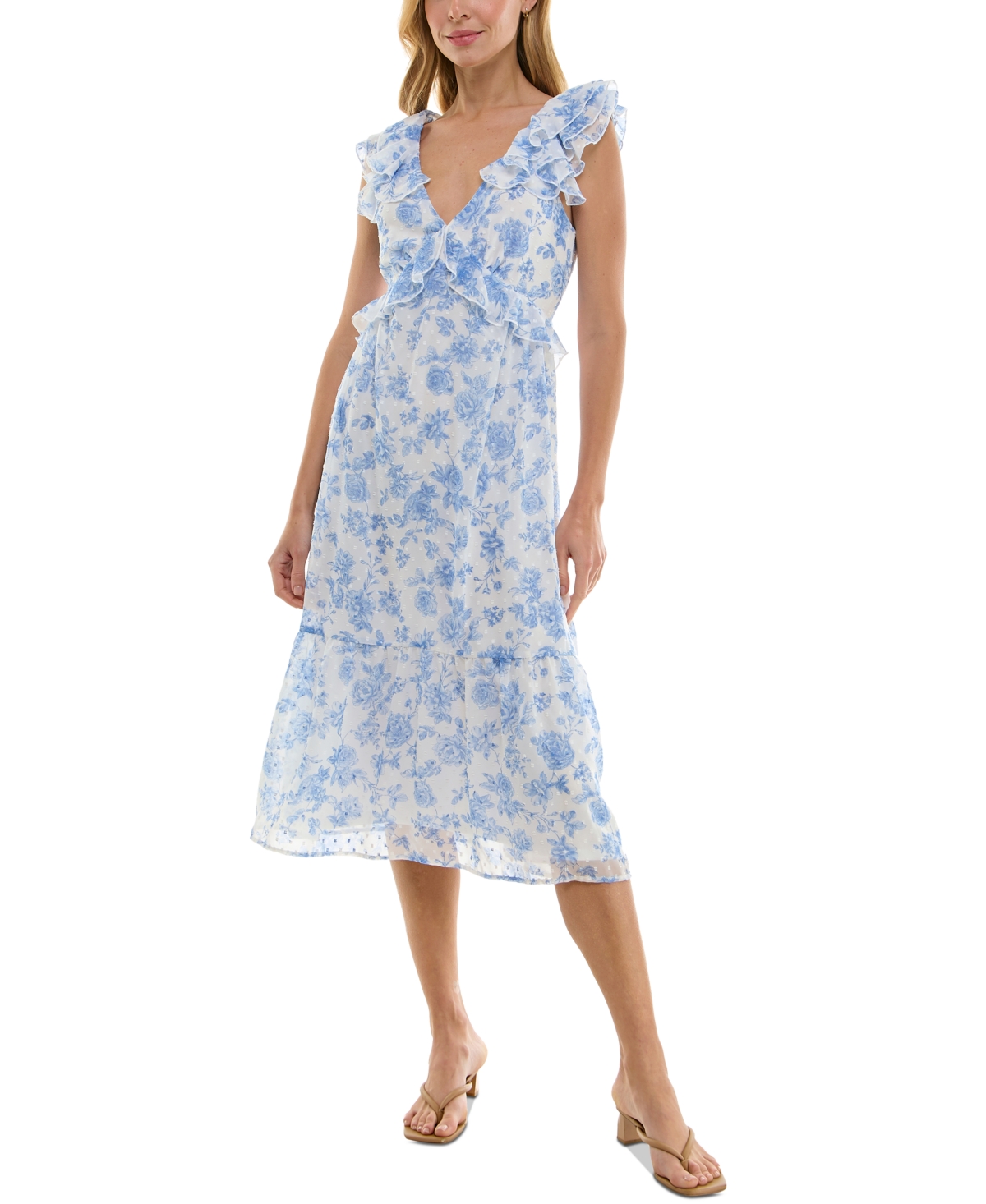 Juniors' Floral-Print Ruffled Midi Dress - White Blue Floral