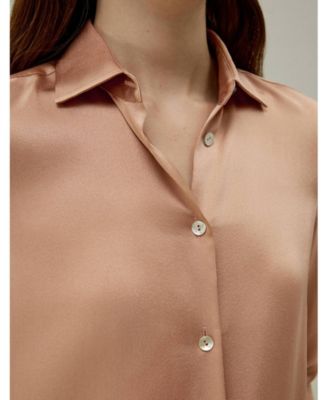Women's Minimalist Placket Silk Blouse with Shell Buttons
