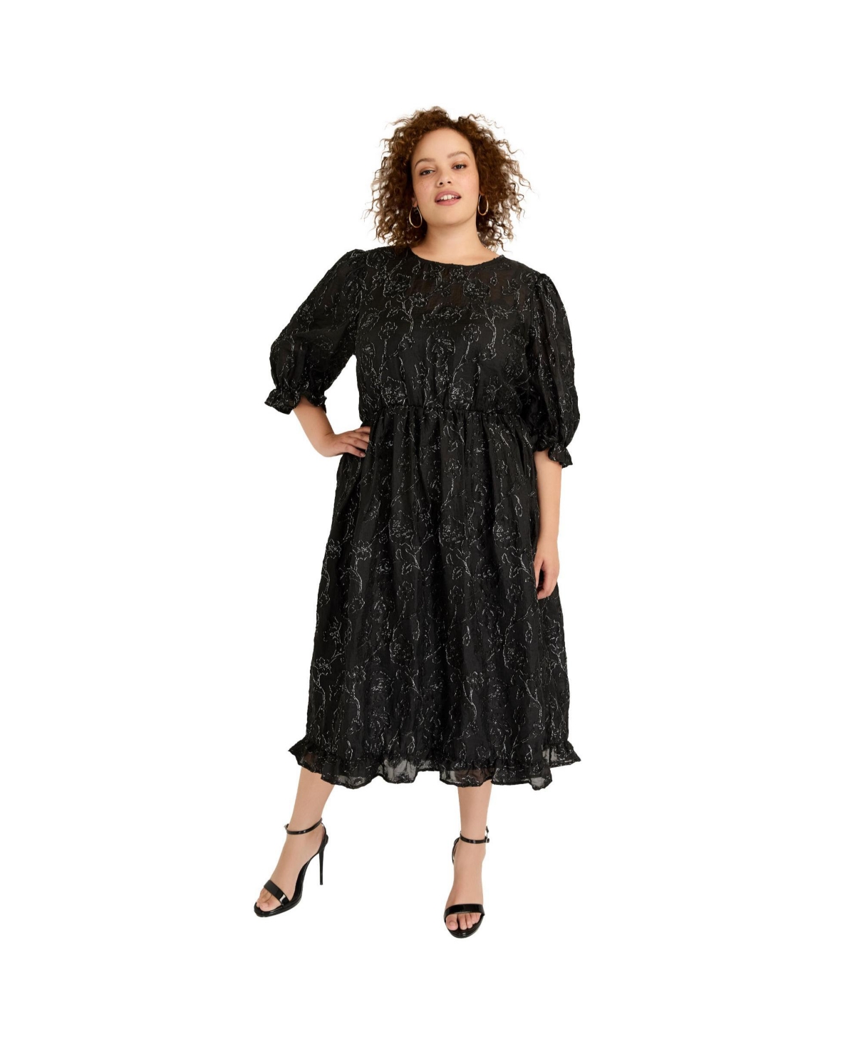 Plus Size June + Vie Metallic Jacquard Dress - Black onyx