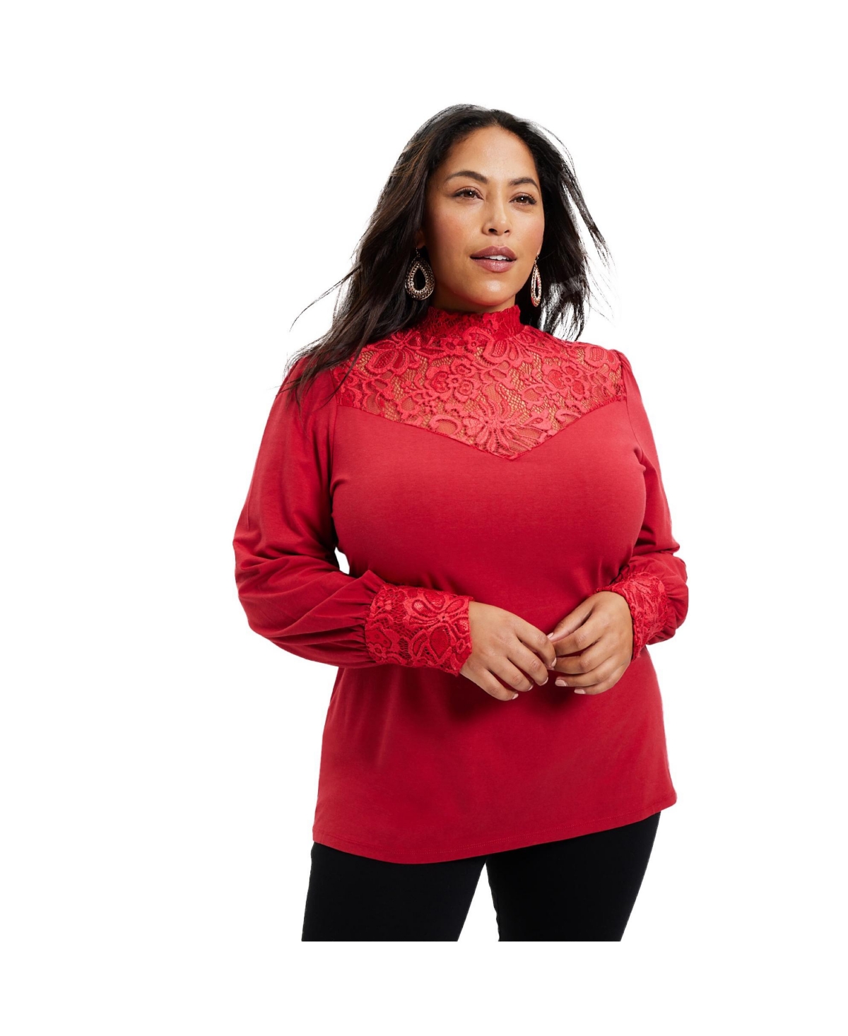 Plus Size June + Vie Lace Yoke Mockneck Top - Classic red