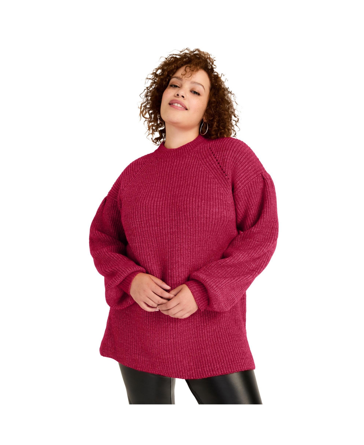 Plus Size June + Vie Puff-Sleeve Mockneck Sweater - Cherry