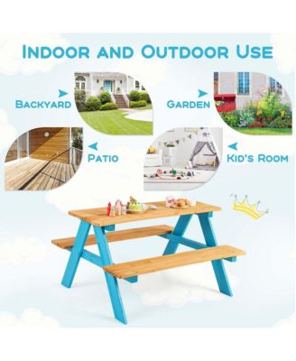 Kids Picnic Table Set Children Outdoor Wooden Table with Bench Seats Backyard