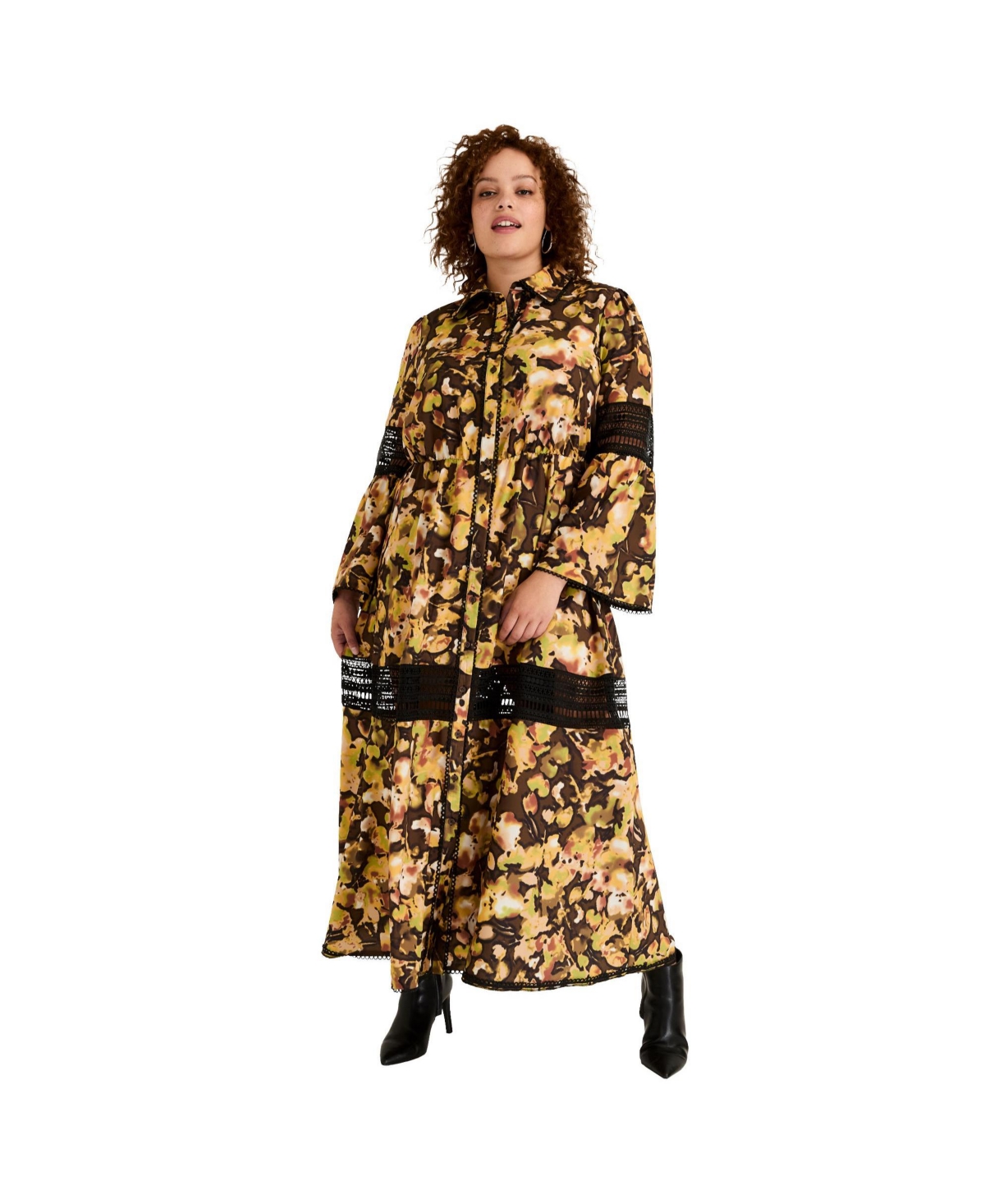 Plus Size June + Vie Lace-Panelled Midi Shirt Dress - Watercolor floral