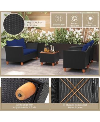 4 PCS Wicker Patio Furniture Set w/ Removable Cushions Storage Coffee Table