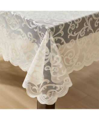 Scroll Lace Fabric Tablecloth, Lace Fabric Table Cloth for Rectangle Tables, Wrinkle Resistant Tablecloth, Patterned Scalloped Tablecloth (60 W x 120 L, Linen Taupe)